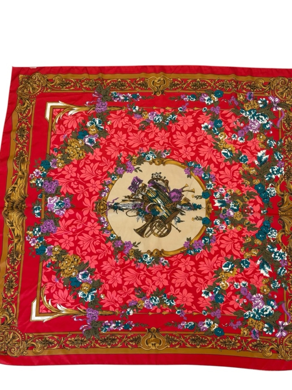 Large Silk Scarf Floral‎ Musical Instrument Print Red Border Luxury Preppy EUC